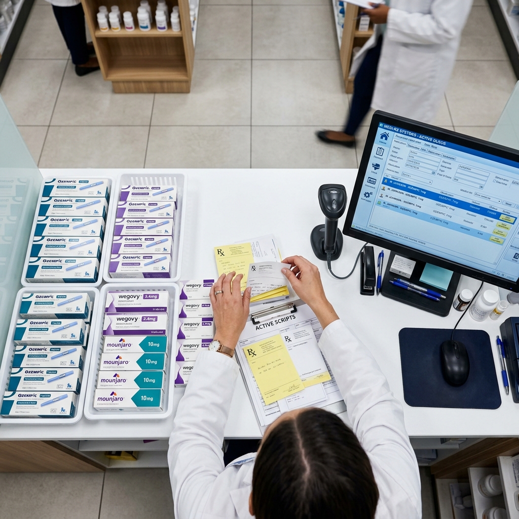 Pharmacy counter with GLP-1 medication injection pen boxes