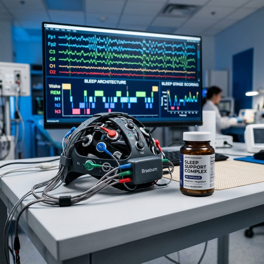 Polysomnography EEG sensors and supplement bottle on a sleep research laboratory table