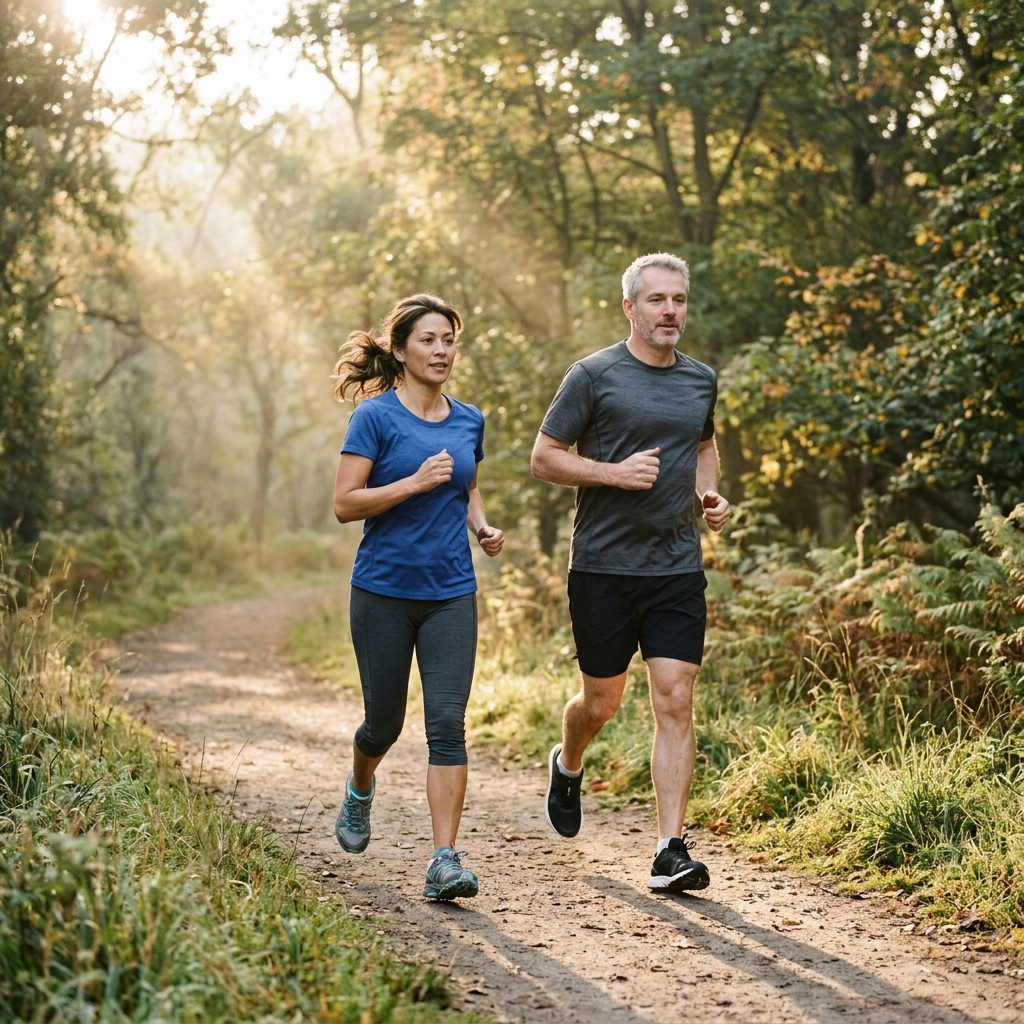 Healthy middle-aged couple jogging in a park during sunrise