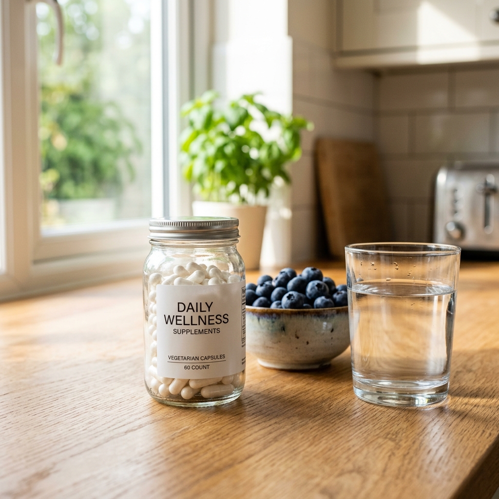 Supplement bottle and glass of water on a kitchen counter