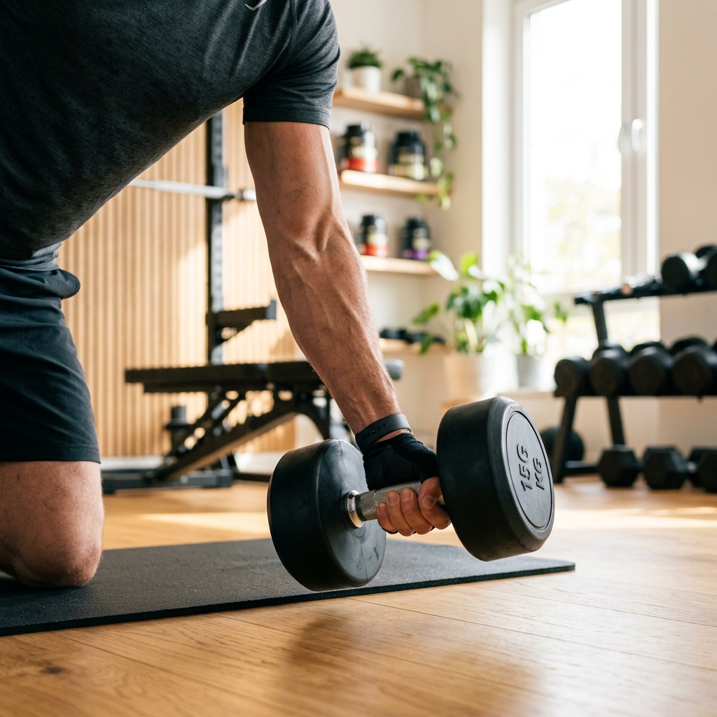 An adult holding a dumbbell during a strength training session in a clean home gym