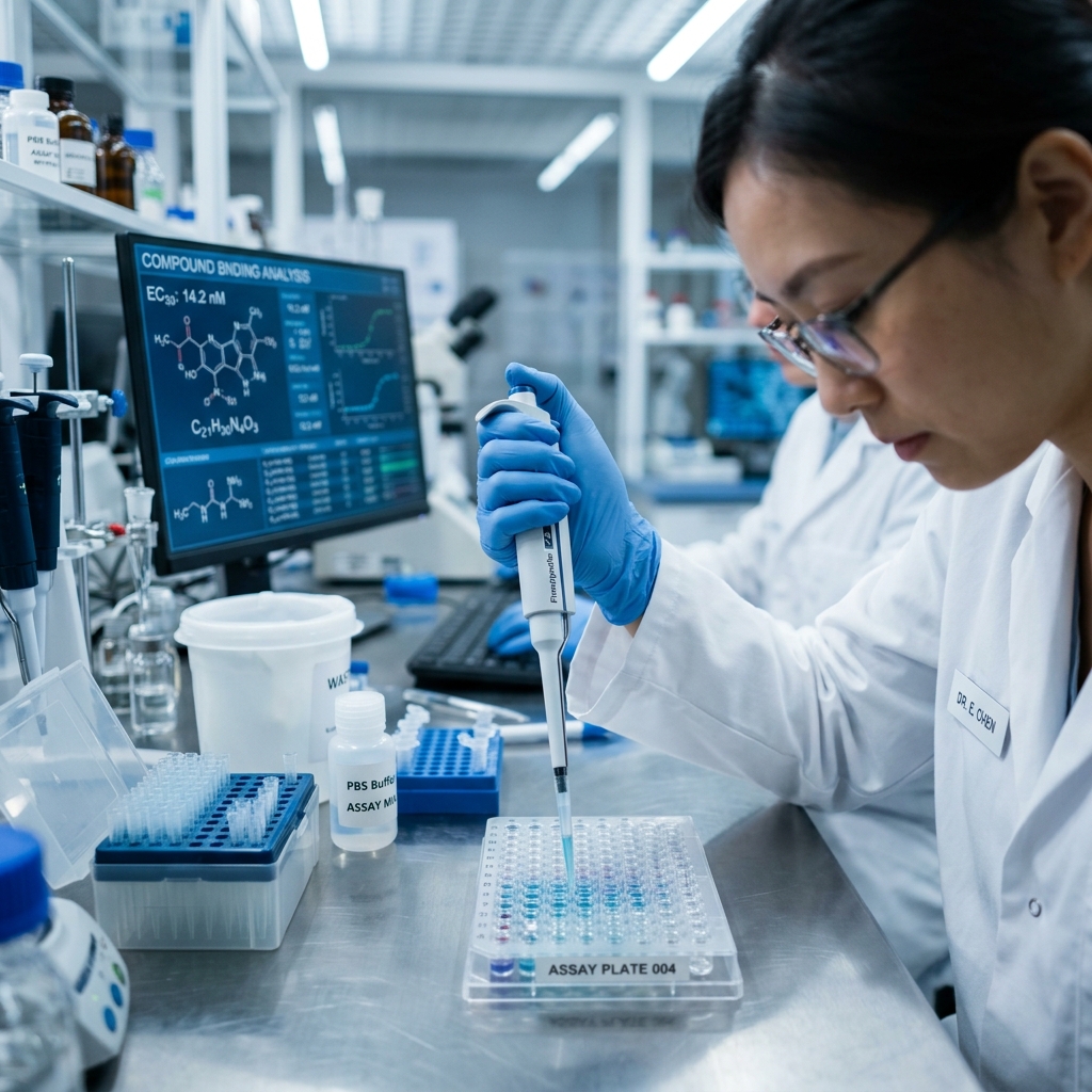A clinical laboratory worker in gloves pipetting liquid into an assay plate
