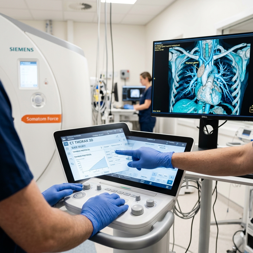 Medical professional using a CT scanner interface with a 3D chest scan showing the thymus gland on a computer screen.