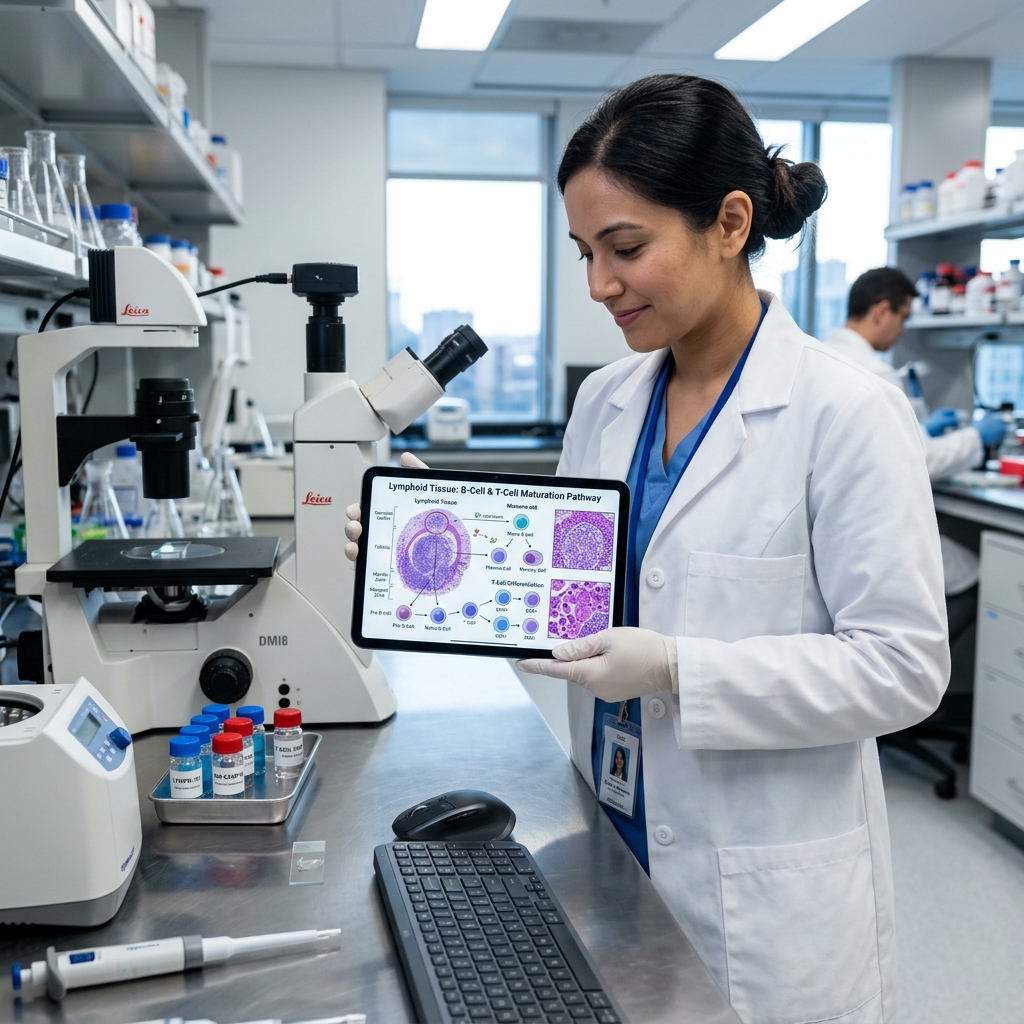Laboratory researcher viewing diagrams of immune cell maturation on a digital tablet in a lab.