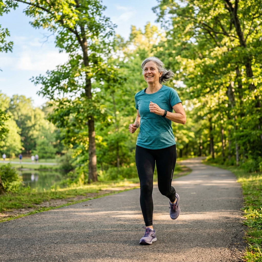 An active adult jogging on a park path, representing health, wellness, and longevity.