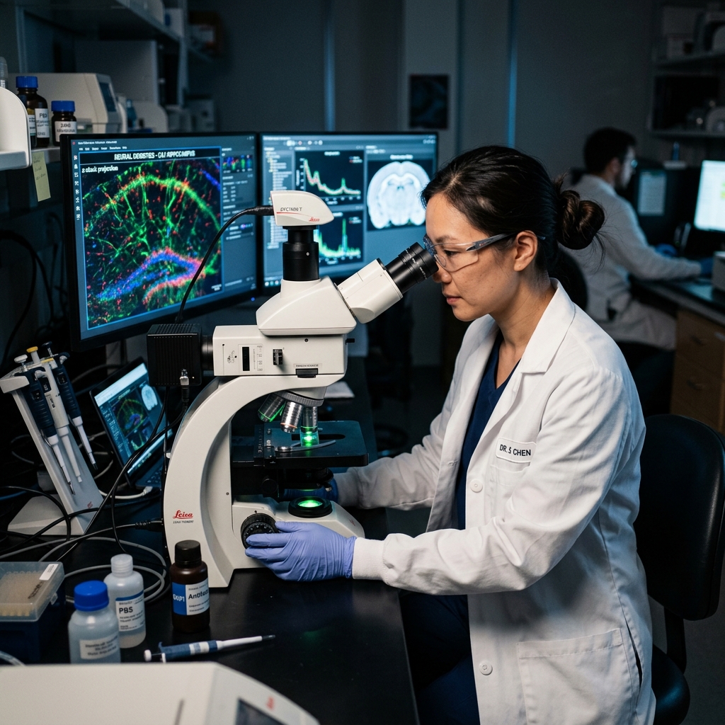 A researcher using a fluorescence microscope in a neuroscience laboratory
