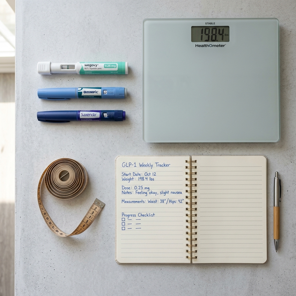 GLP-1 injection pens arranged on a surface with a notebook and scale