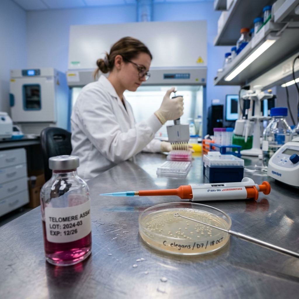 A laboratory workbench with a scientific research vial and pipette in a modern laboratory