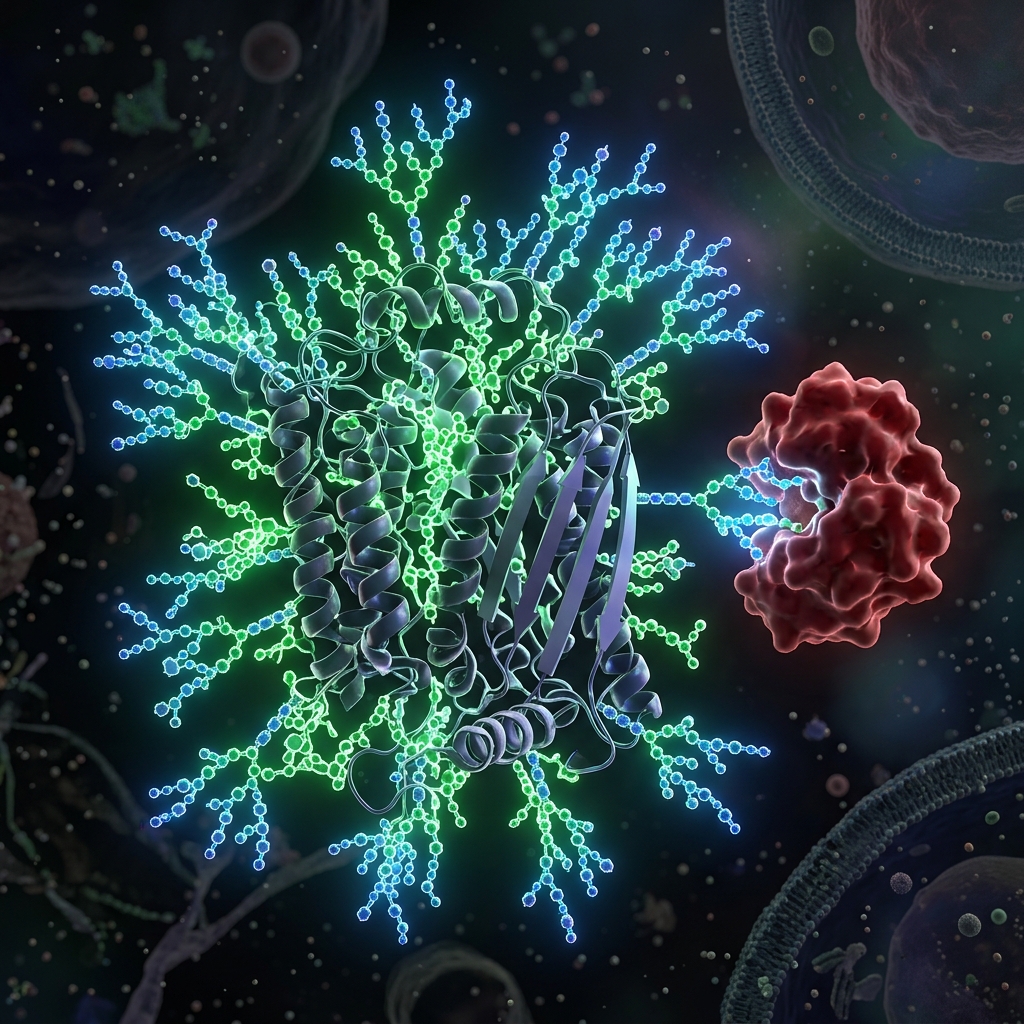 3D molecular visualization of protective glycan chains on a glycoprotein structure