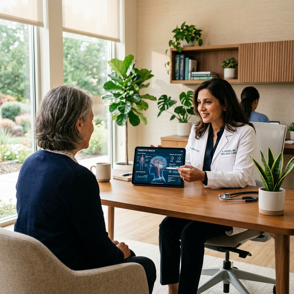 A physician showing a cognitive health diagram on a tablet to a patient in a wellness clinic