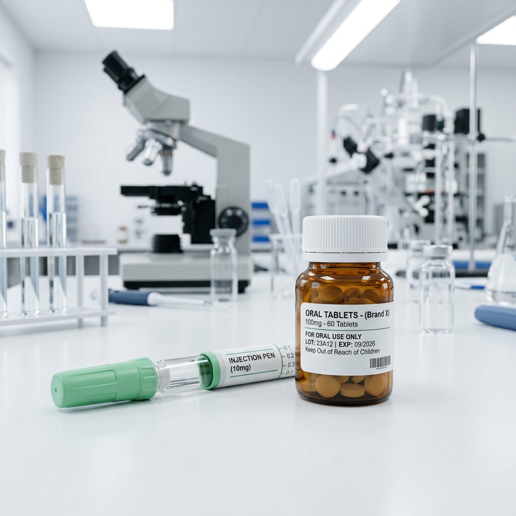 A close-up of a weight management injection pen next to a bottle of oral medication in a laboratory setting.
