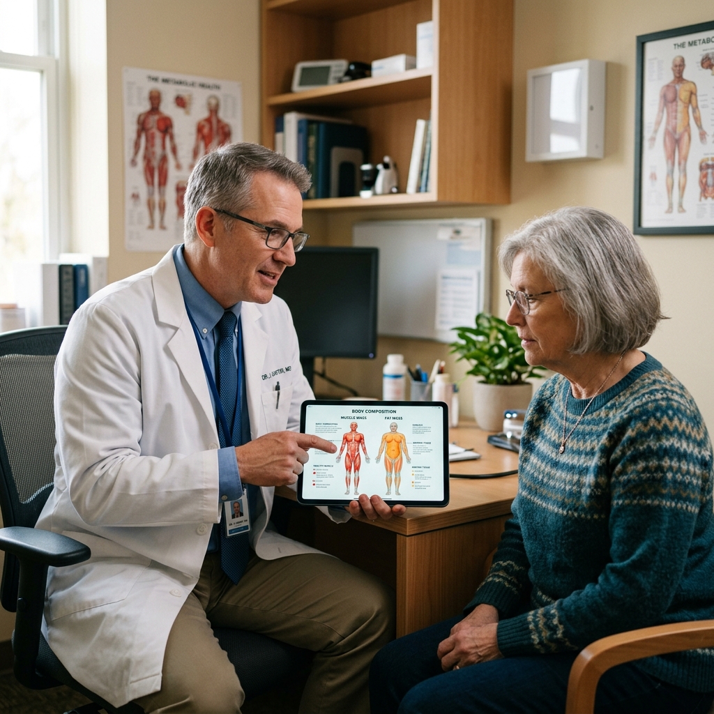 A doctor discussing muscle mass changes on a digital tablet with an older adult patient.