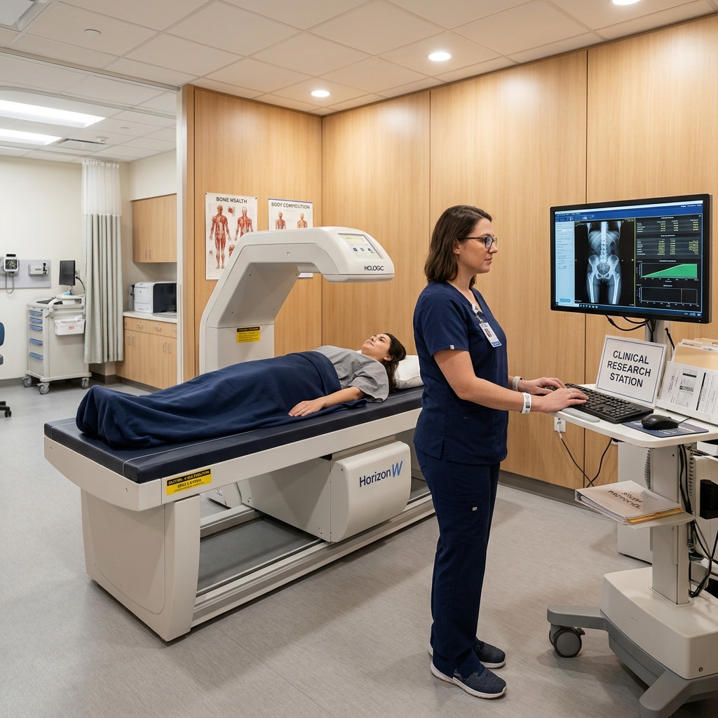 A modern DEXA scanner in a spacious clinical imaging facility.