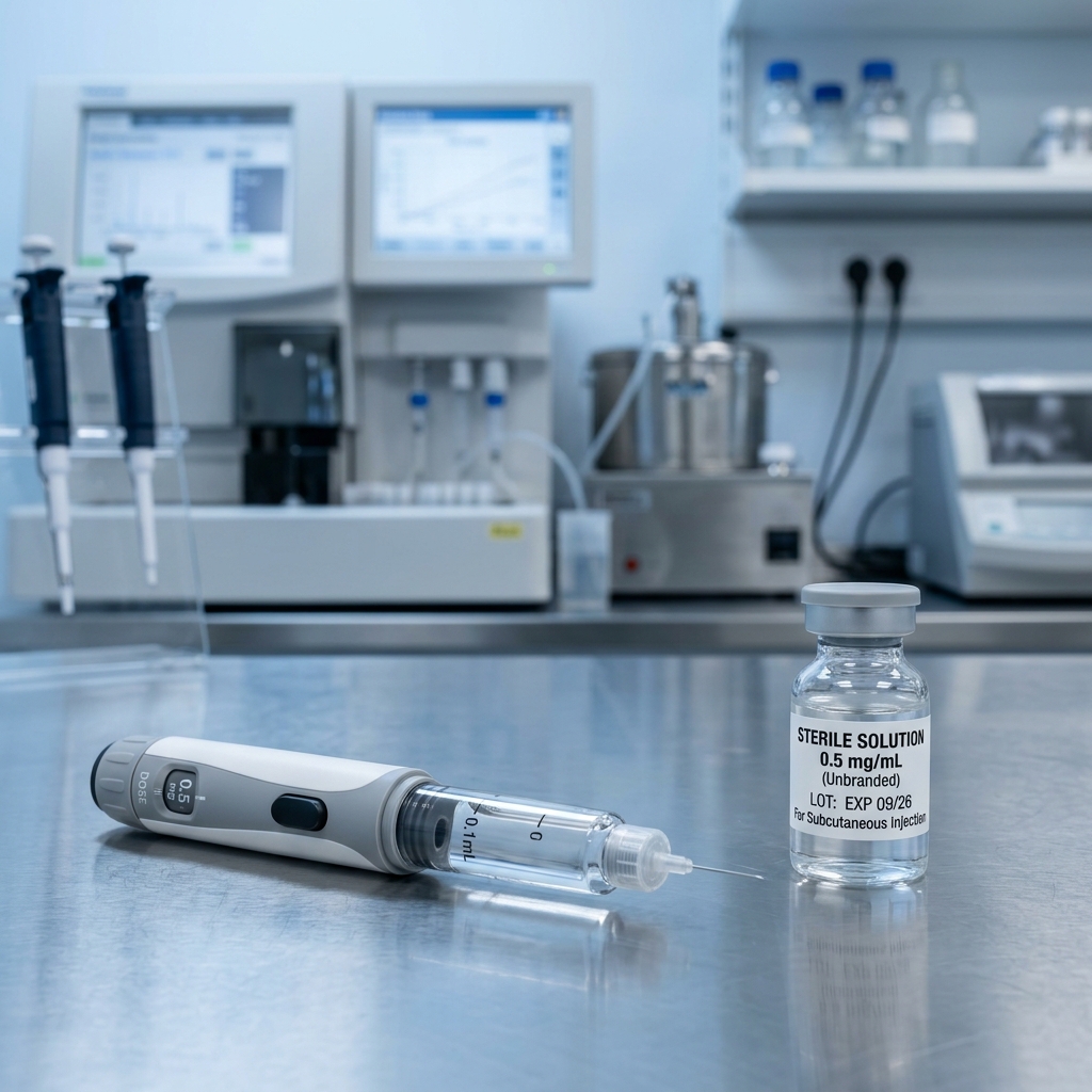 A clinical injection pen and sterile vial on a laboratory table
