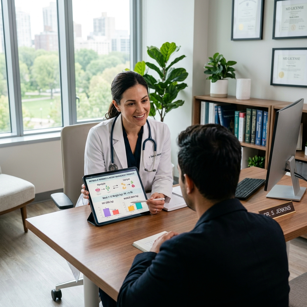 A medical professional discussing clinical trial details with a patient