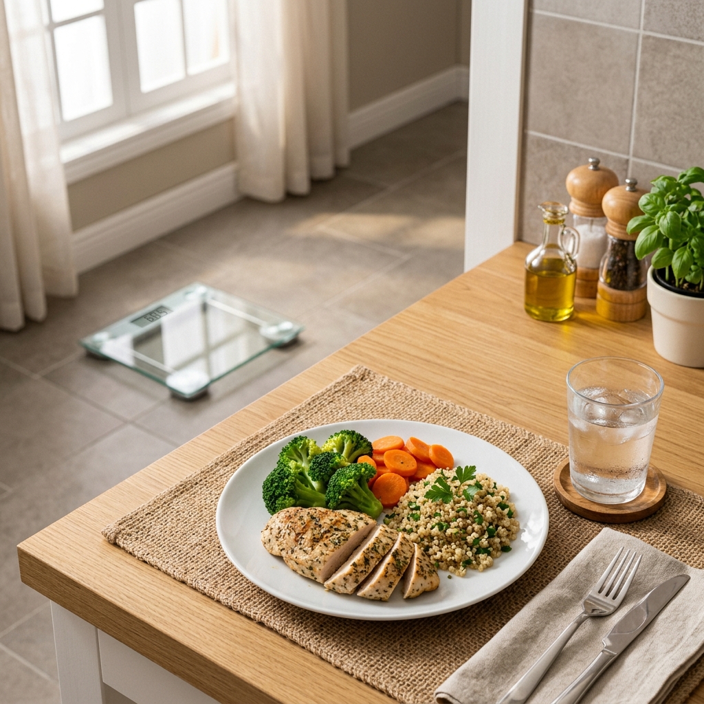 A healthy meal and a digital scale in a home setting representing metabolic health
