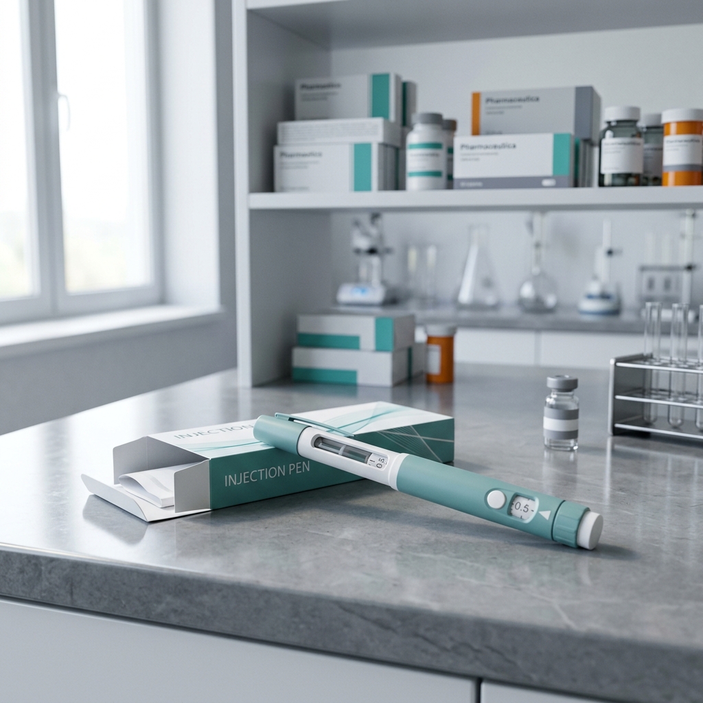 A generic medical injection pen resting on a modern laboratory countertop alongside clean pharmaceutical packaging