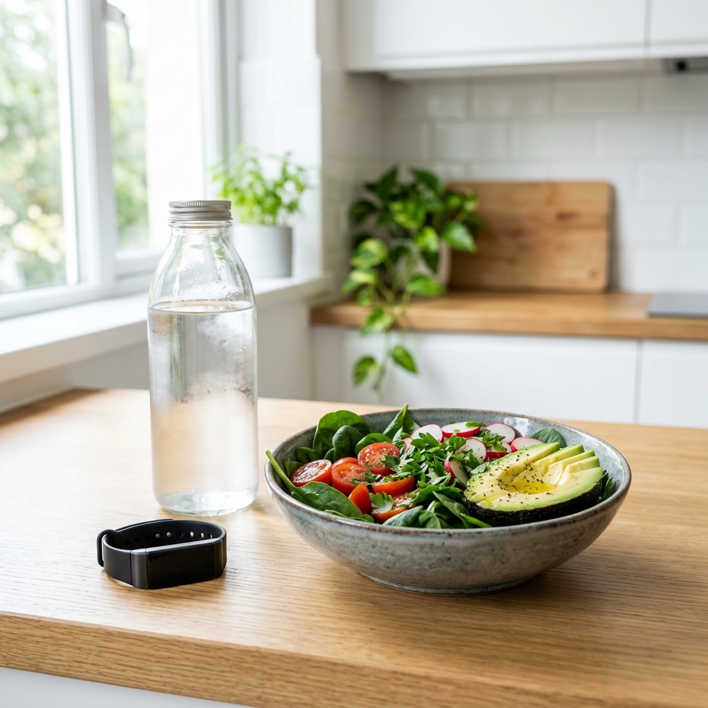 A fresh bowl of vegetables on a clean kitchen counter alongside health indicators