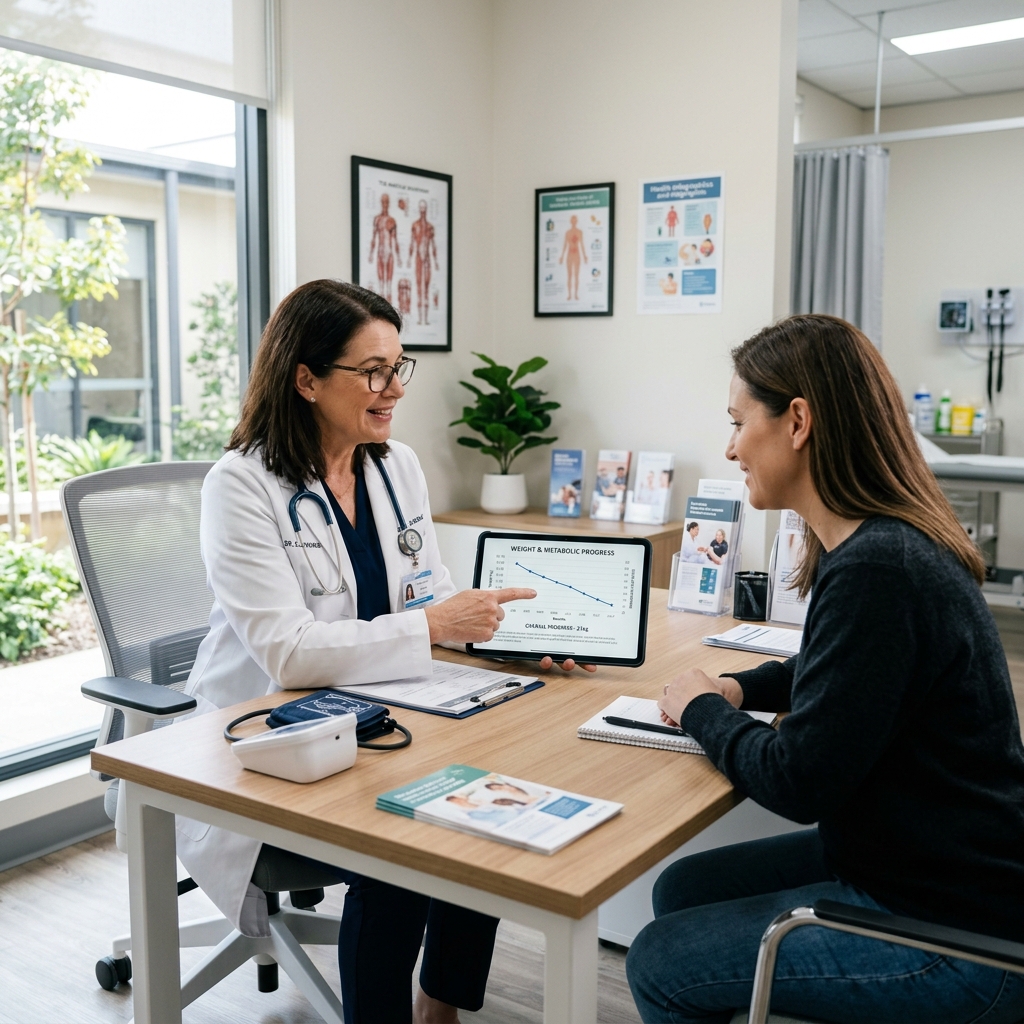 A doctor and patient reviewing clinical progress and weight loss data on a tablet screen.