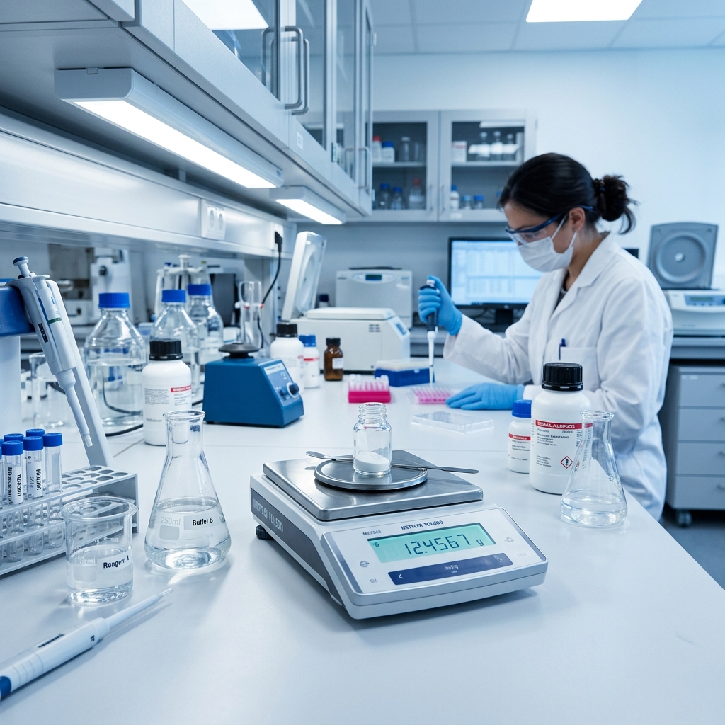 A digital scientific scale in a professional laboratory setting.