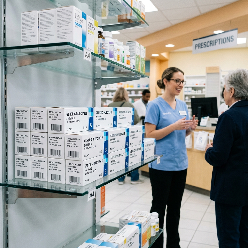Medical packaging arranged on a shelf in a modern pharmacy.
