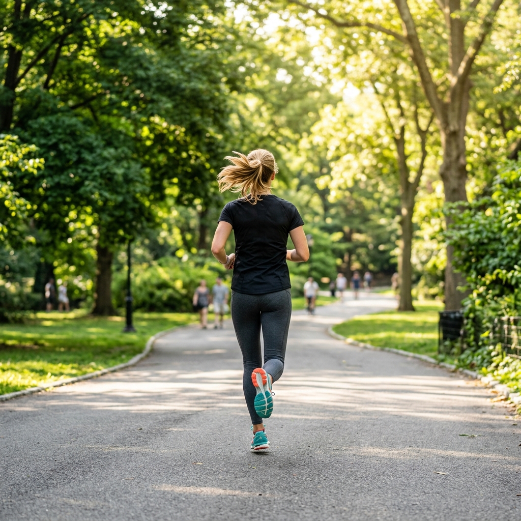 A runner jogging along a path in a bright, sunny park.