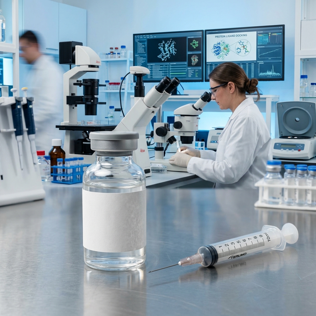 Medical research laboratory with a glass vial and scientific equipment.