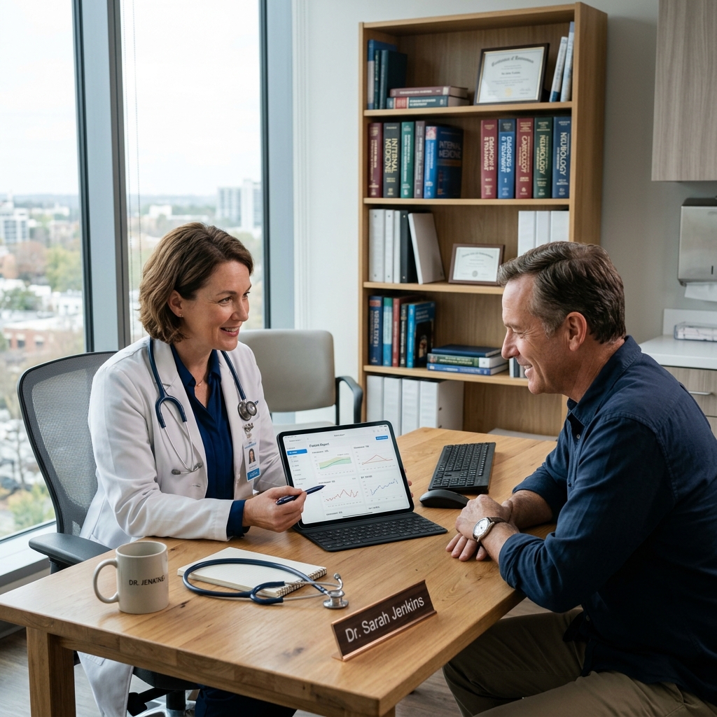 A medical doctor consulting with a patient in a bright, modern office.