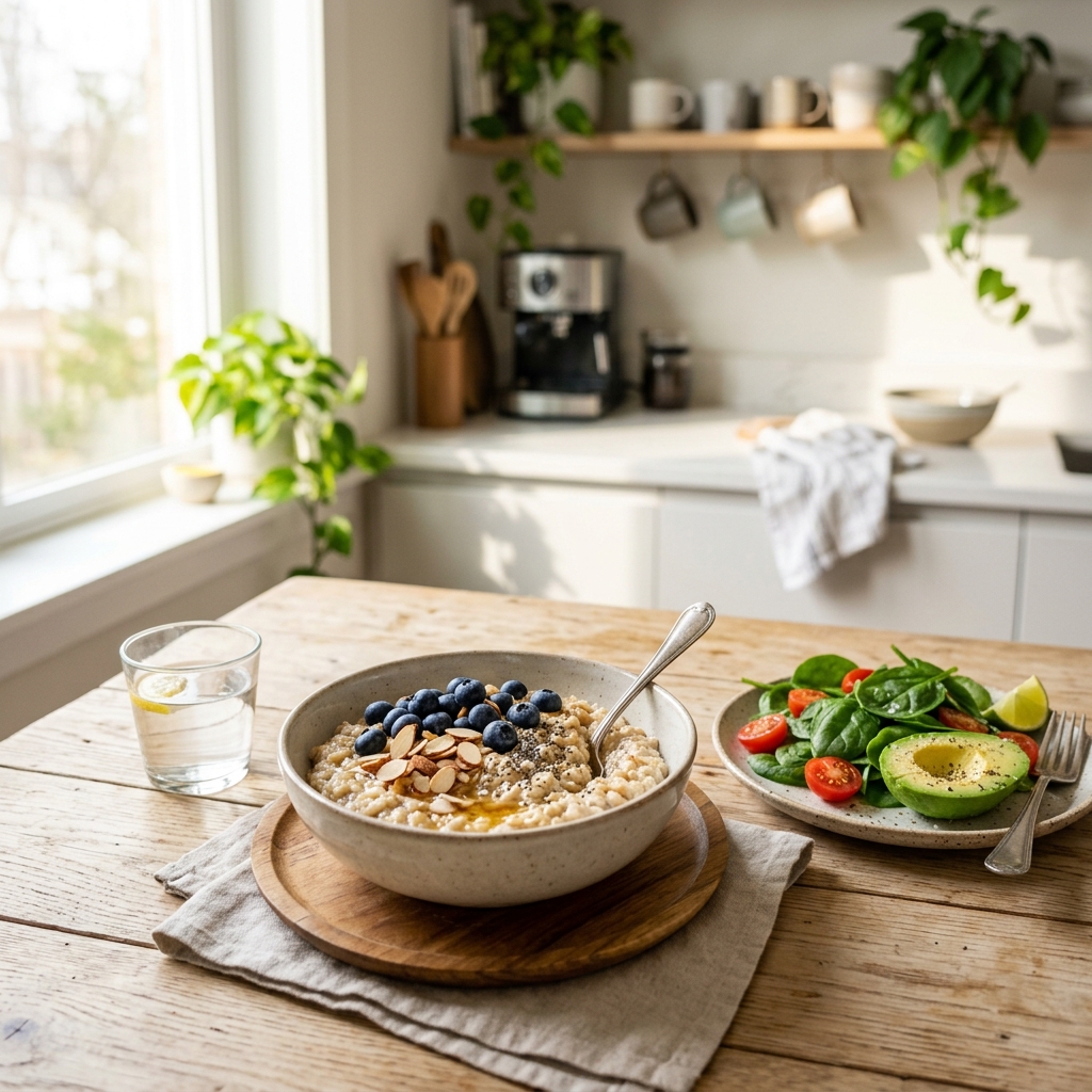 A healthy breakfast with oatmeal, fruit, and fresh vegetables on a sunny table.