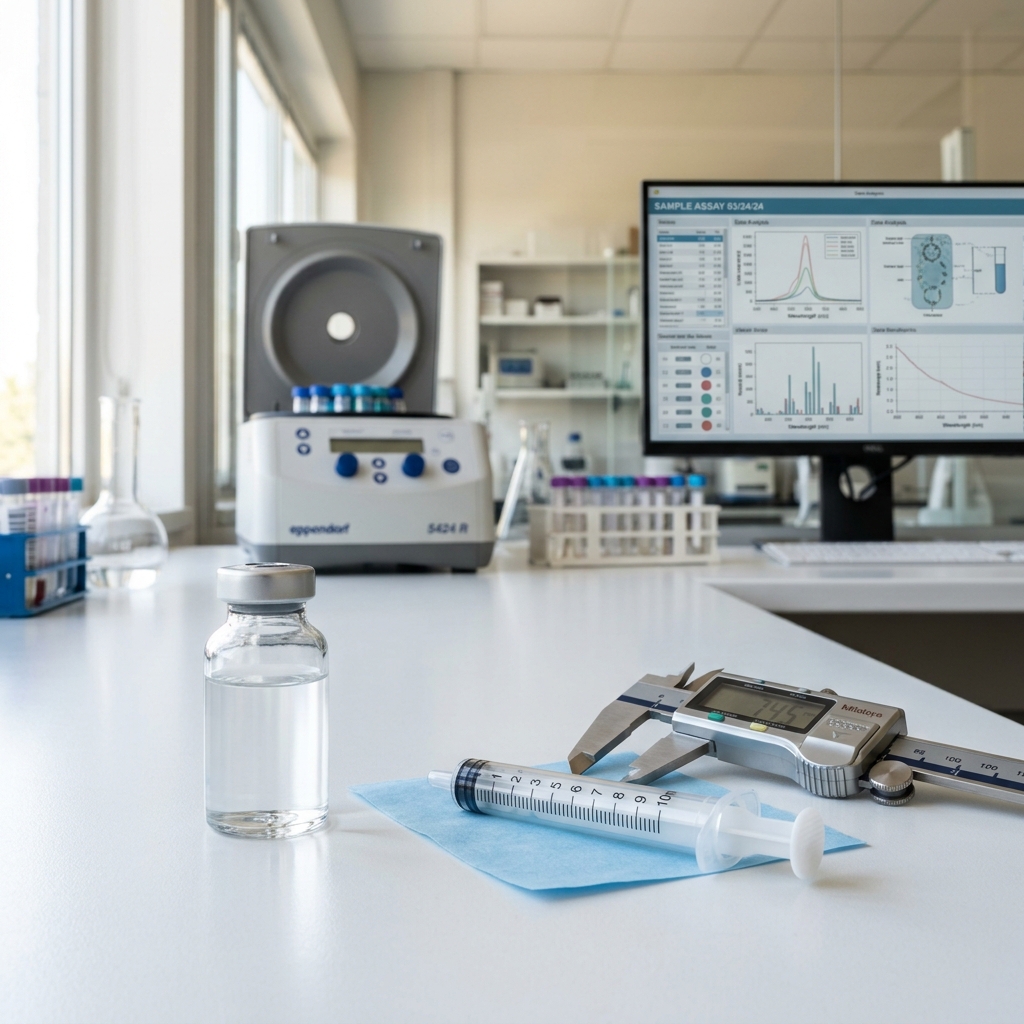 A clinical laboratory setup showing a clear medicine vial and medical syringe on a clean countertop.