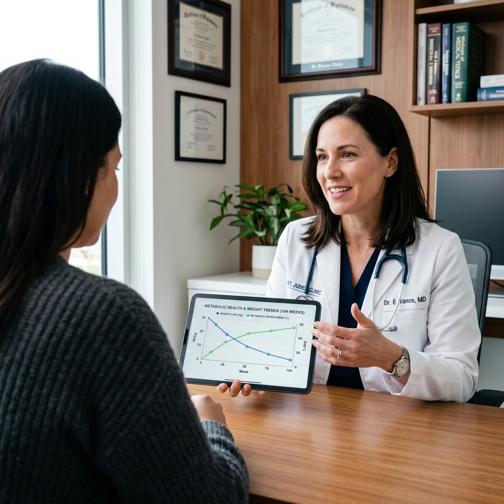 A physician showing a metabolic progress graph to a patient during a clinical consultation.