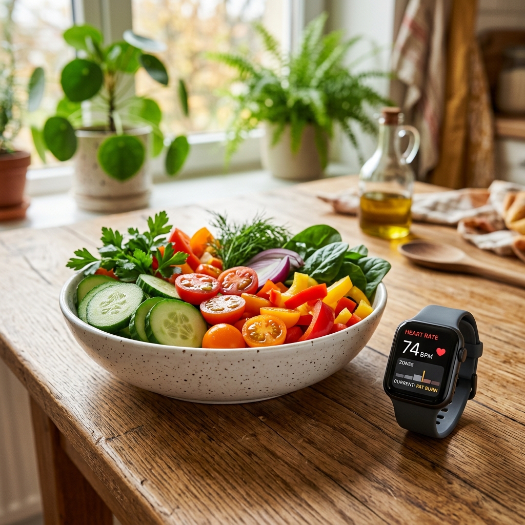 A bowl of fresh vegetables and a digital smartwatch on a wooden table, representing metabolic health.