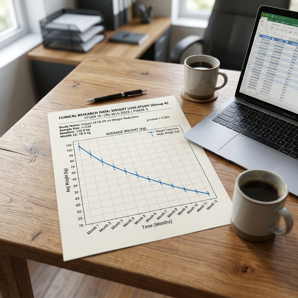 A clinical research weight loss data chart showing a downward trend on a desk with a laptop