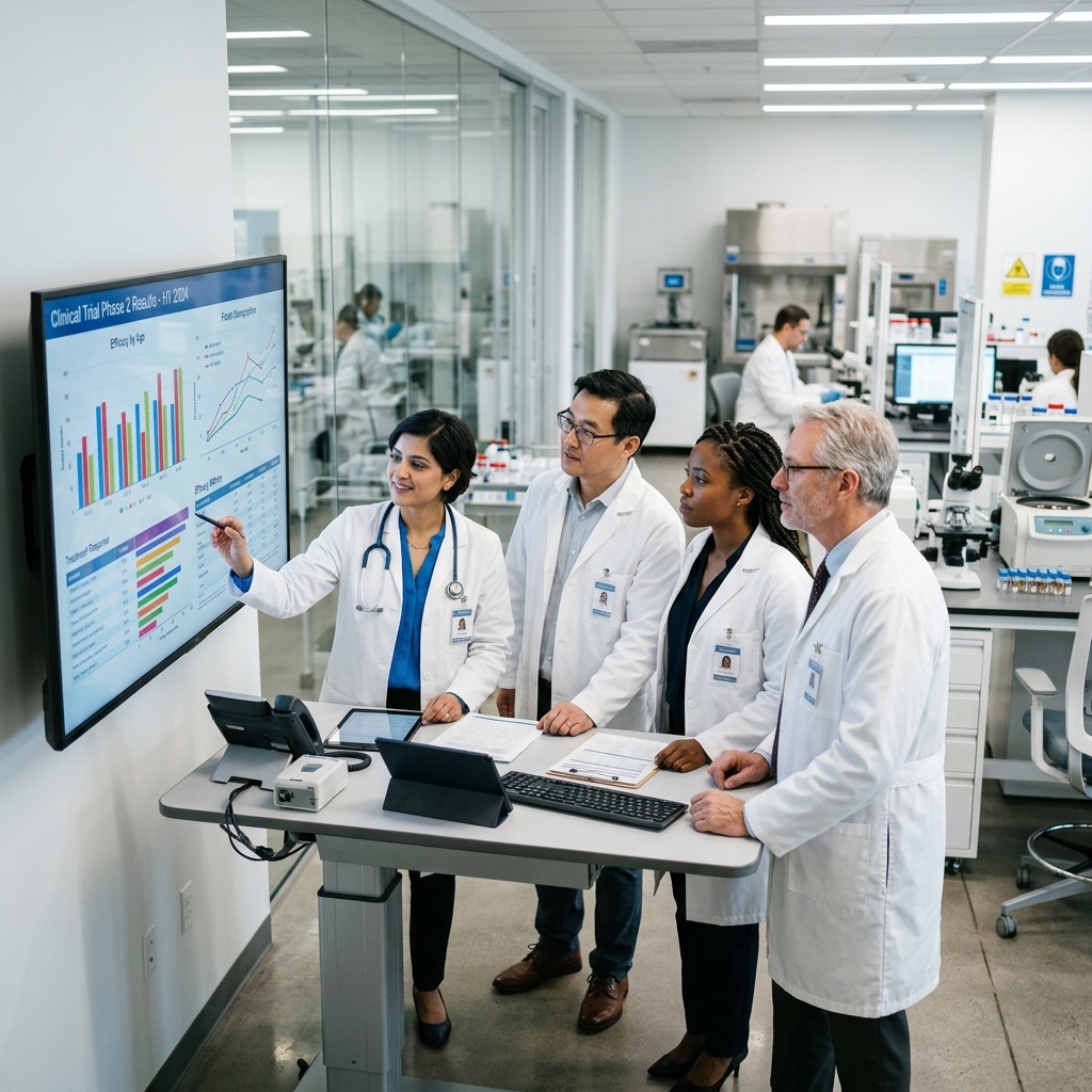 Medical professionals reviewing clinical trial data on a monitor in a research facility