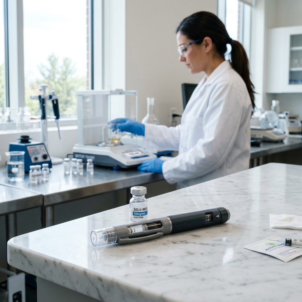 Generic clinical injection pen and sterile vial on a white laboratory table.