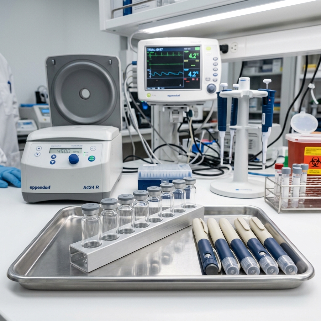 Arrangement of clinical vials and injection pens on a sterile stainless steel laboratory tray.