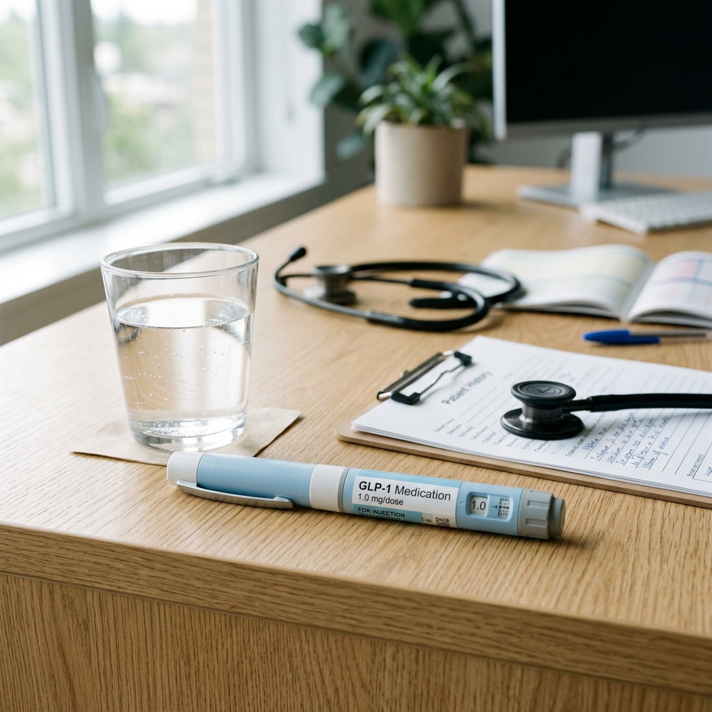 GLP-1 injection pen on a clinical desk next to a glass of water in a medical office setting