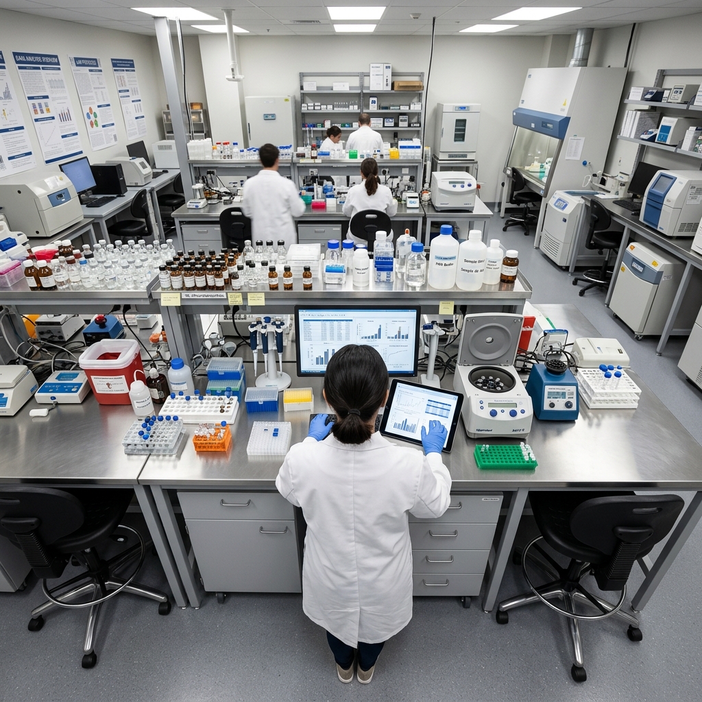 Researcher reviewing clinical trial data on a tablet in a modern laboratory setting