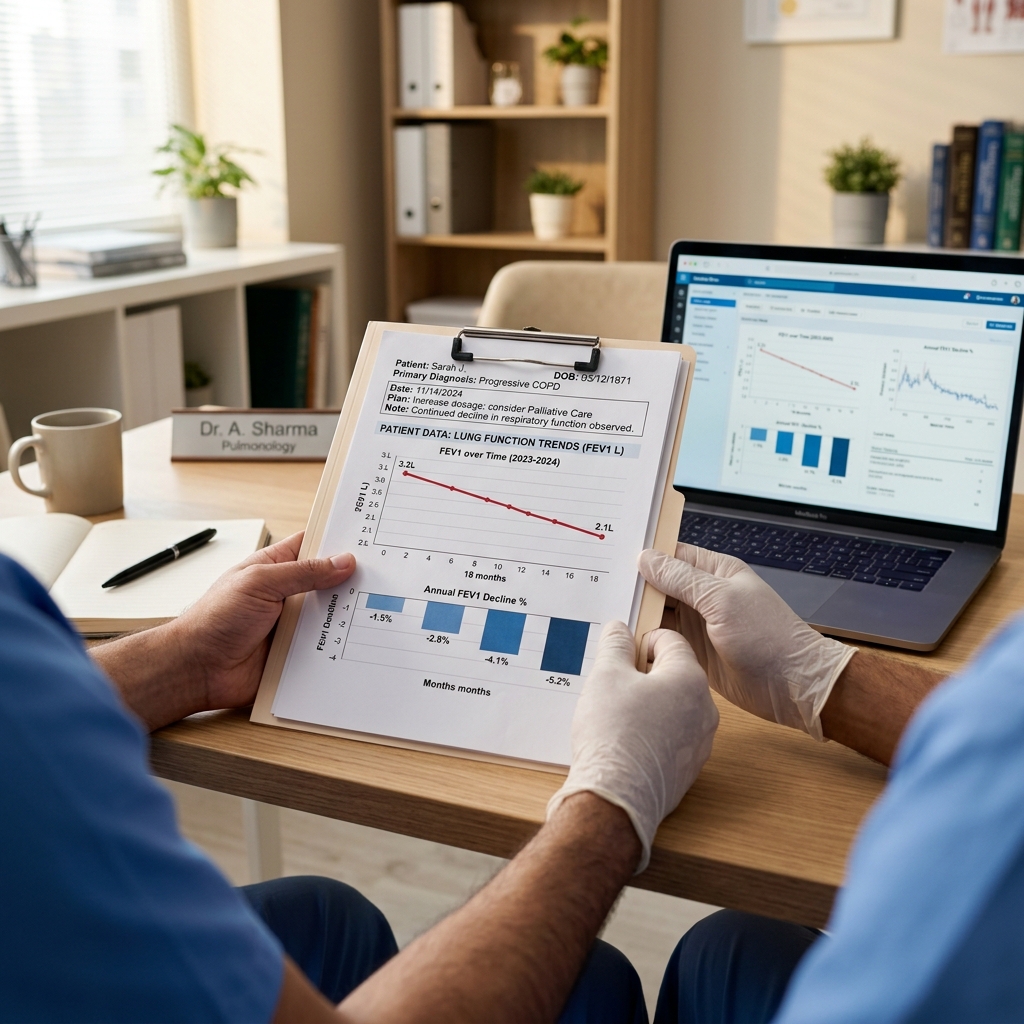 Healthcare provider reviewing clinical data charts showing declining trends at a modern office desk