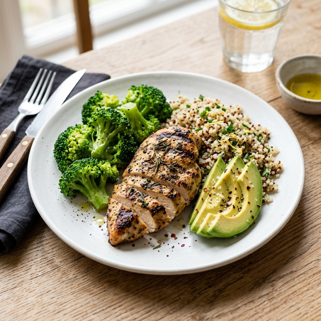 Healthy high-protein meal with grilled chicken, vegetables, and quinoa