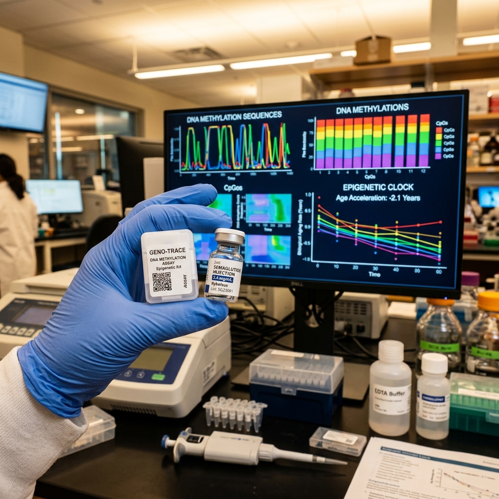 Genomics laboratory with DNA methylation and epigenetic clock charts