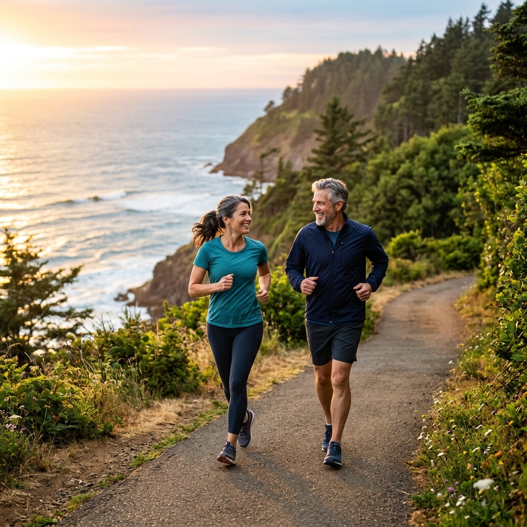 Healthy middle-aged couple jogging along a coastal path