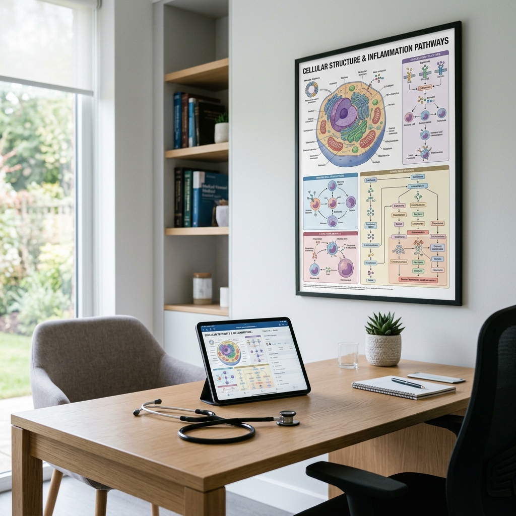 Clinical consultation office with cellular health charts and tablet