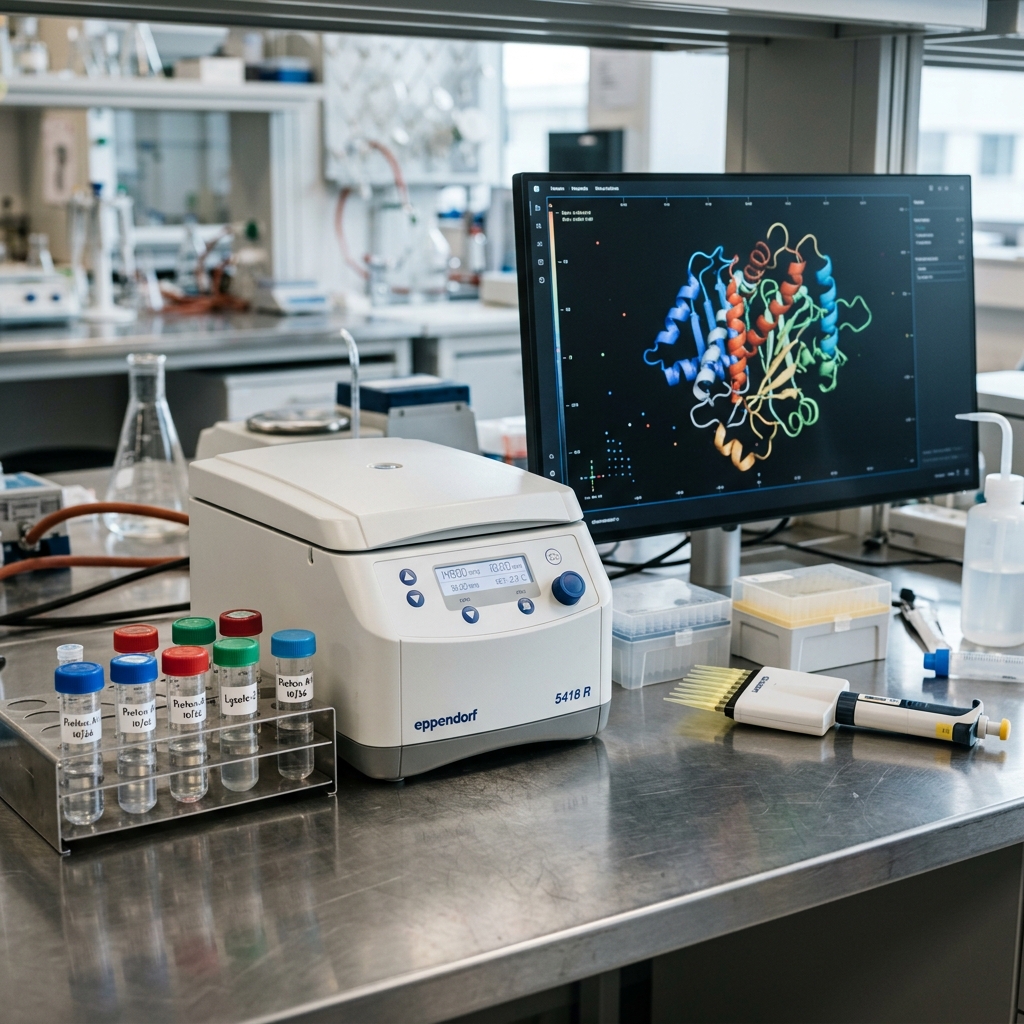 A clean scientific laboratory workspace with laboratory equipment and a digital molecular model display.