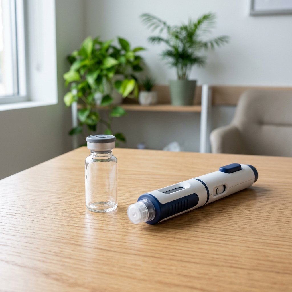 A generic medical autoinjector pen and a glass vial on a wooden table in a brightly lit clinic.