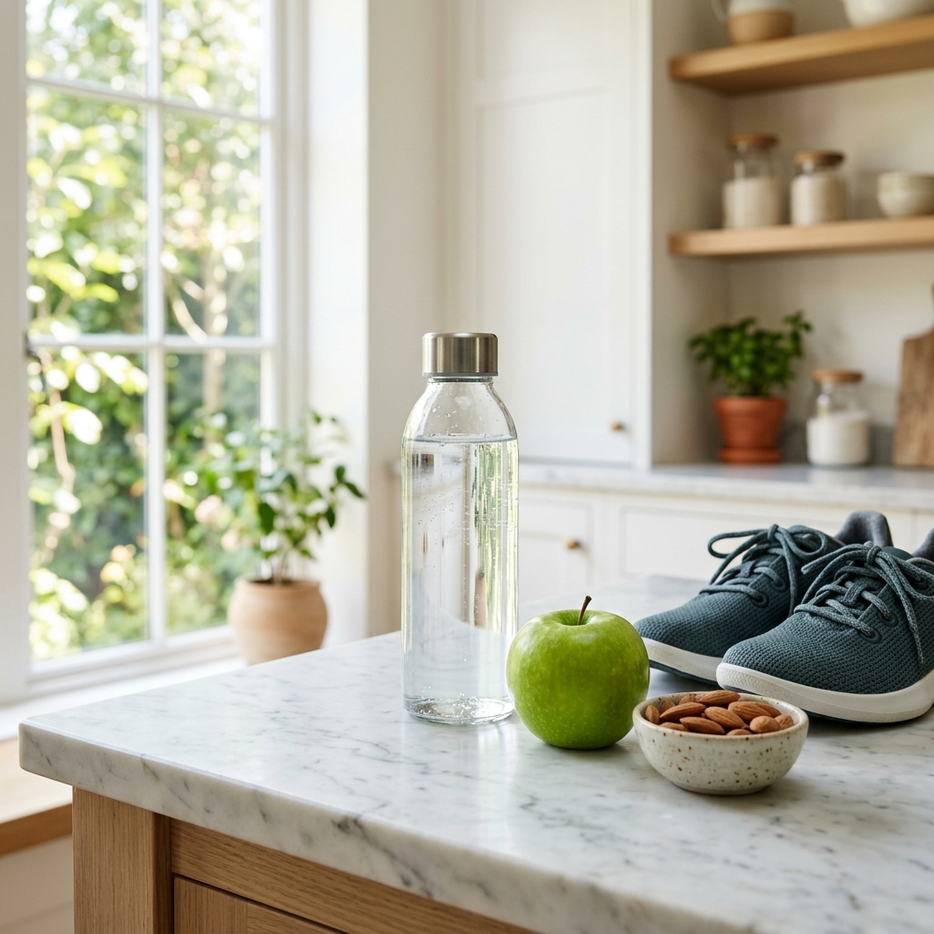 A healthy selection of a green apple, nuts, and a bottle of water on a kitchen counter next to athletic shoes.