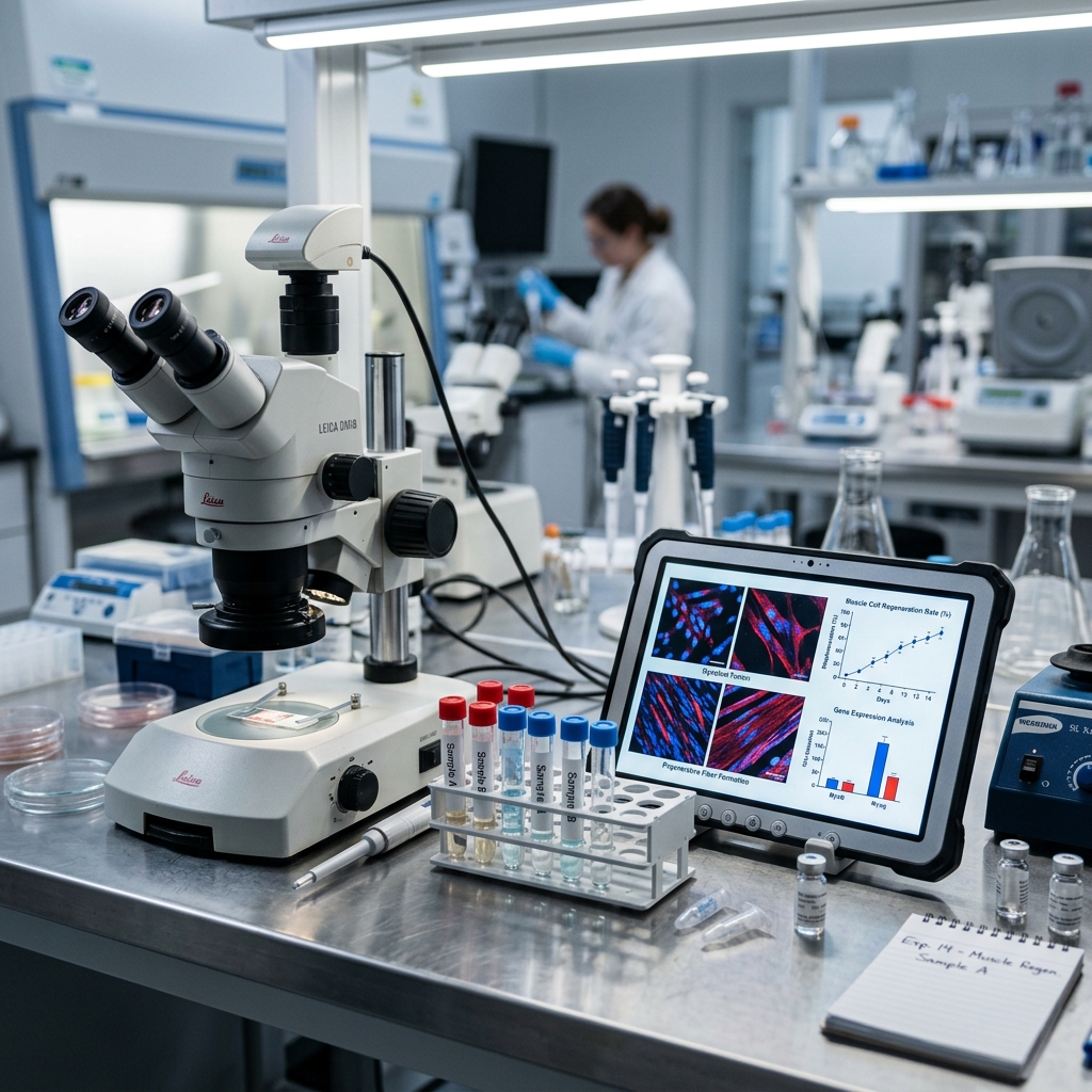 Medical research laboratory with microscope and muscle cell diagrams