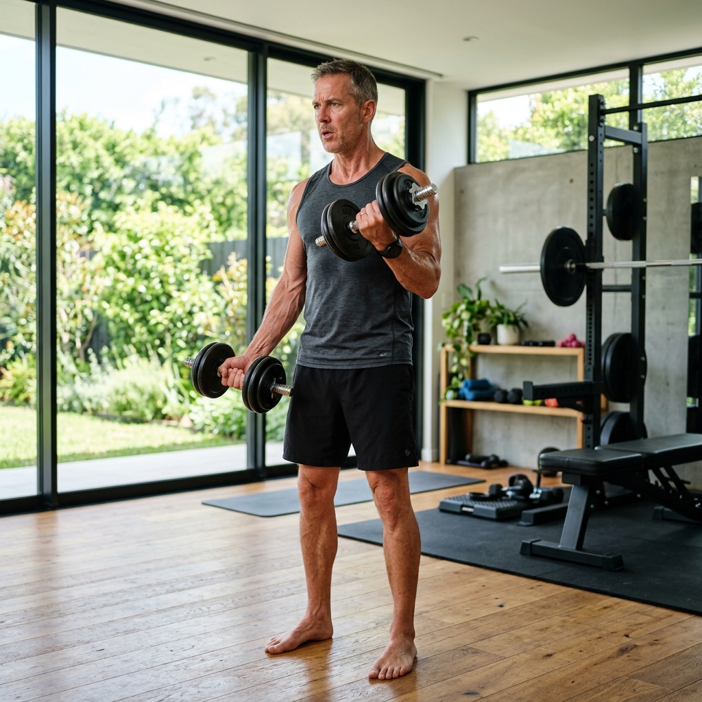Middle-aged man lifting weights in a modern home gym