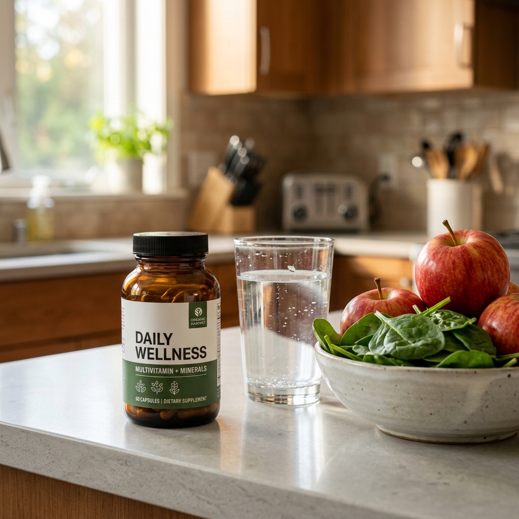 Supplement bottle and healthy food on a kitchen counter