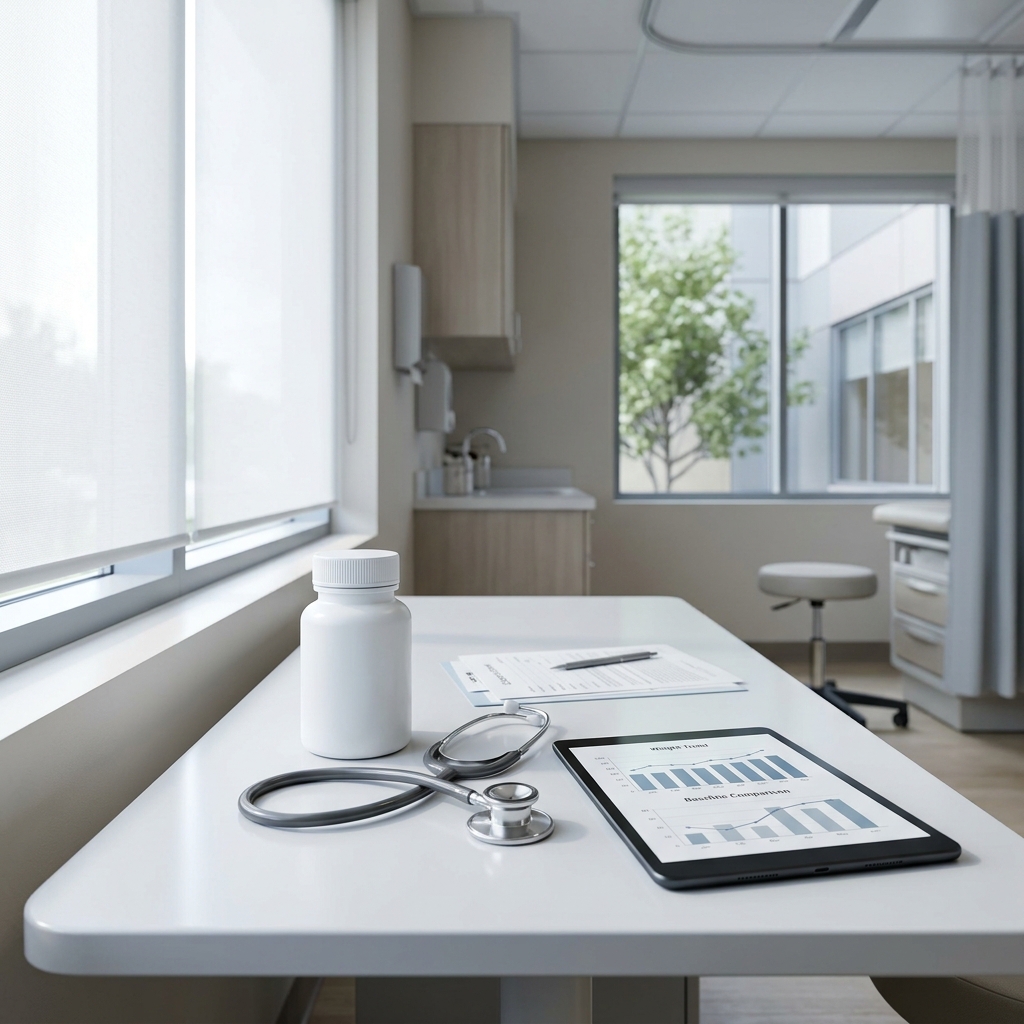 A generic oral medication container on a clinic table next to a stethoscope and a data tablet.